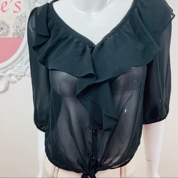 mine Tops - Mine / Sheer  Black Ruffled  Button Up Neckline